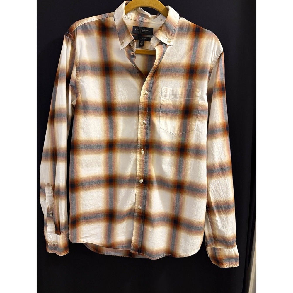Banana Republic Untucked Fit Men's M Woven Cotton Plaid Pockets Button-Down